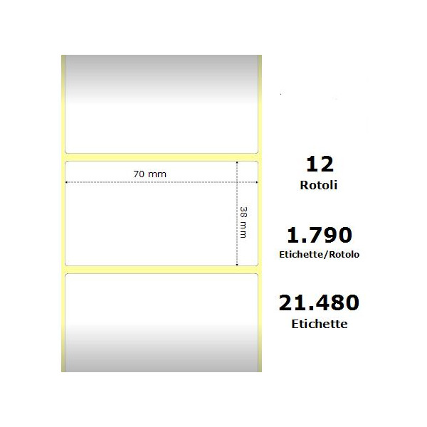 White 70x38mm,1790 Et/Rotolo Z-1000D,2.8x1.5x1Core ,12 Rolls