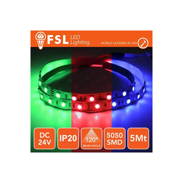 Striscia LED 5m IP20 5050 24V - 12W/m 60led/m RGB