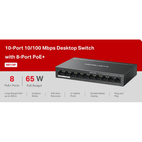 Switch Desktop 10 porte 10/100/1000 PoE+  - Mercusys MS110P